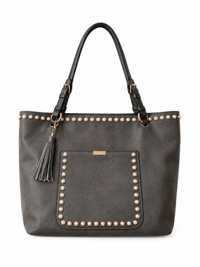Yoki Dark Gray Studded Tote with Tassel and Pearls